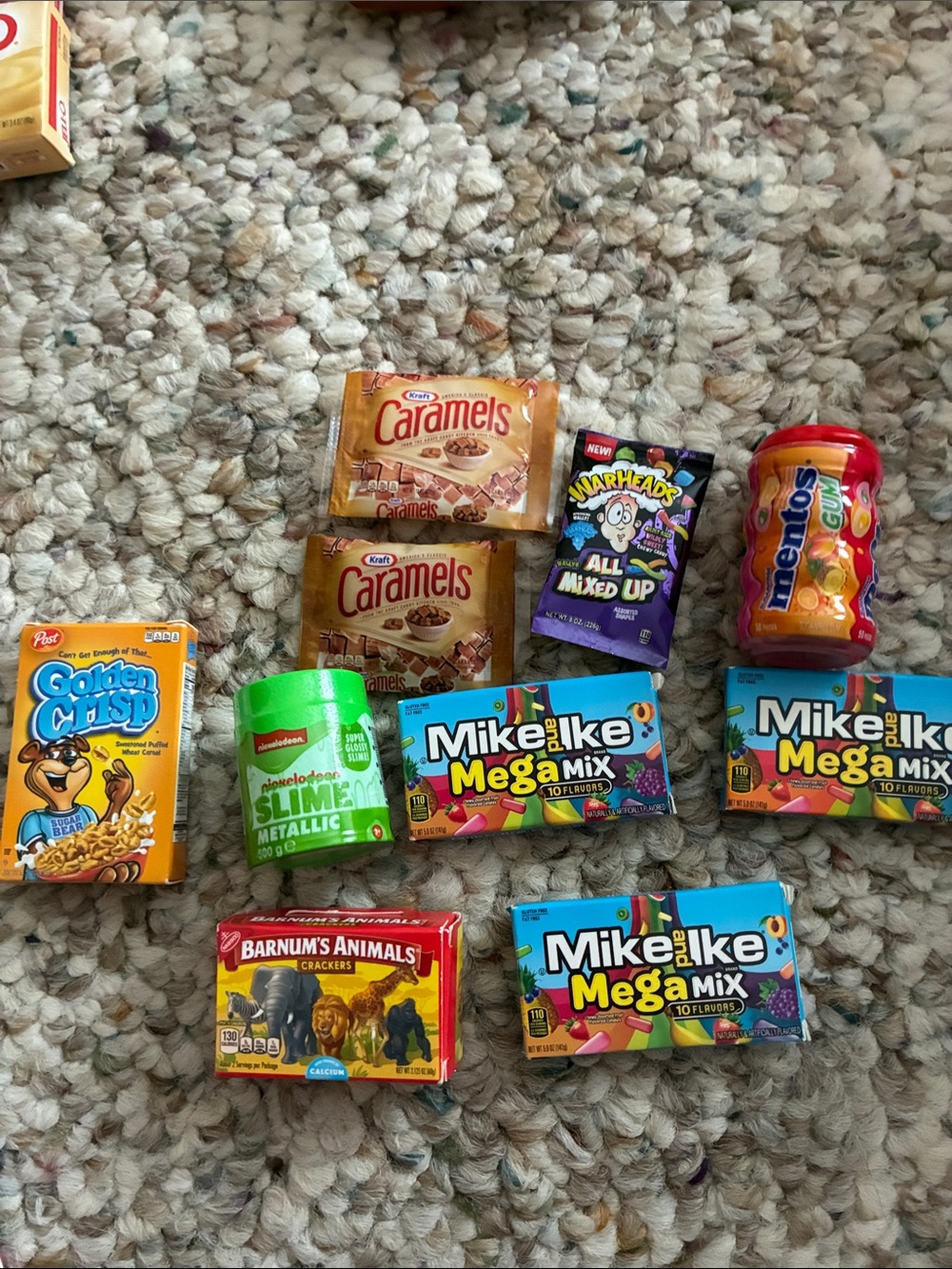 Mike Ike Mega, Caramels, Slime, Mentos gum, War heads, Golden Crisp Series 1,2,3